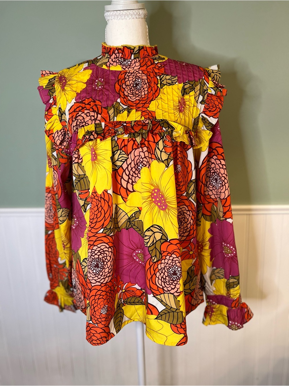 THML Better Than Ever Yellow Floral Ruffle Yoke Long Sleeve Top. Size S